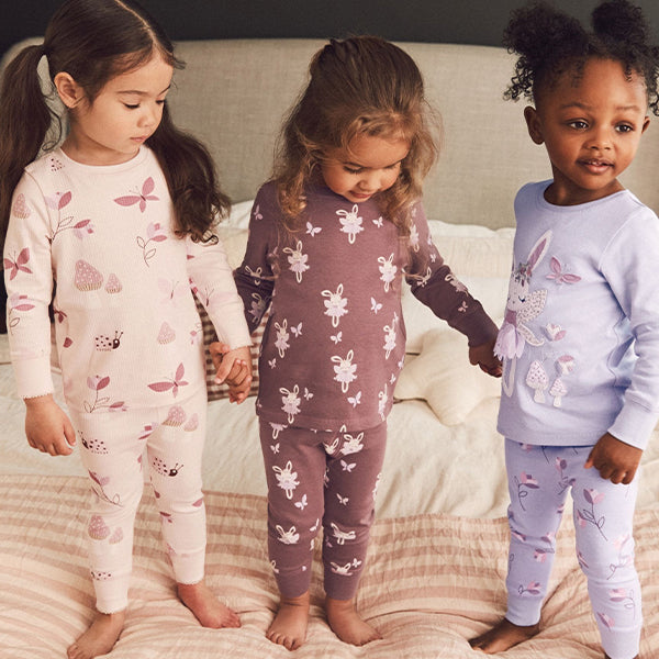 Purple/White Bunny 3 Pack Long Sleeve Printed Pyjamas (12mths-7yrs)