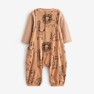 Rust Brown Safari Print Baby Dungarees And Bodysuit Set (0mths-9-12mt)