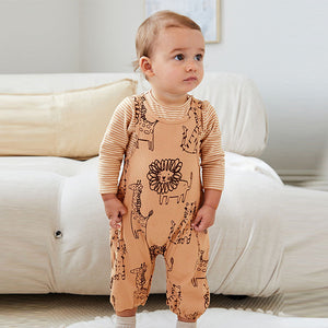 Rust Brown Safari Print Baby Dungarees And Bodysuit Set (0mths-9-12mt)