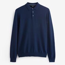 Load image into Gallery viewer, Navy Blue Regular Knitted Long Sleeve Polo Shirt
