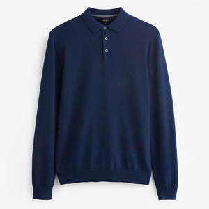 Navy Blue Regular Knitted Long Sleeve Polo Shirt