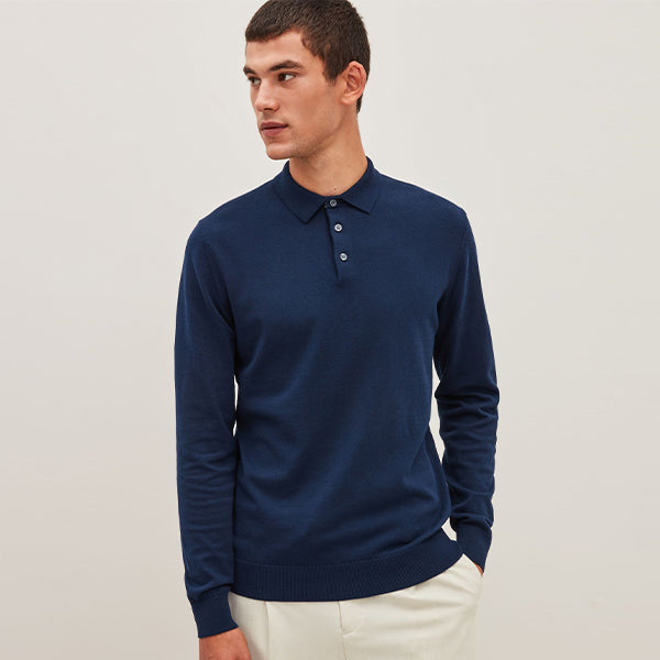 Navy Blue Regular Knitted Long Sleeve Polo Shirt