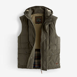 Khaki Green Square Quilted Borg Lined Hooded Gilet