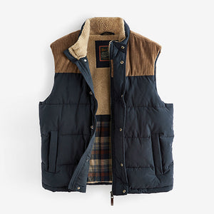 Navy Blue Borg Collared Corduroy Panel Gilet