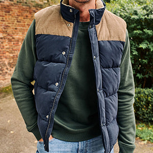 Navy Blue Borg Collared Corduroy Panel Gilet