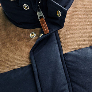 Navy Blue Borg Collared Corduroy Panel Gilet