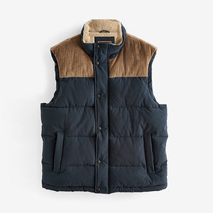 Navy Blue Borg Collared Corduroy Panel Gilet