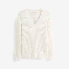 Load image into Gallery viewer, Ecru White Ribbed V-Neck Jumper
