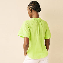 Load image into Gallery viewer, Lime Green Textured Cotton Short Sleeve Tie Neck Blouse
