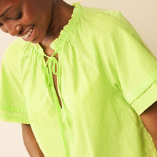 Load image into Gallery viewer, Lime Green Textured Cotton Short Sleeve Tie Neck Blouse
