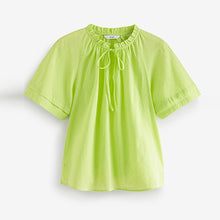 Load image into Gallery viewer, Lime Green Textured Cotton Short Sleeve Tie Neck Blouse
