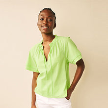 Load image into Gallery viewer, Lime Green Textured Cotton Short Sleeve Tie Neck Blouse
