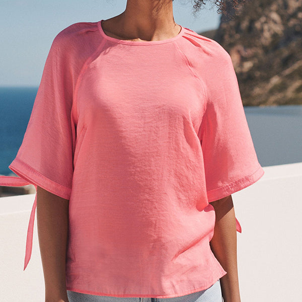 Coral Pink Volume Tie Sleeve Crew Neck Blouse