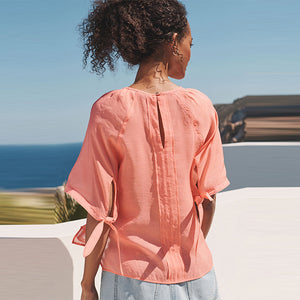 Coral Pink Volume Tie Sleeve Crew Neck Blouse