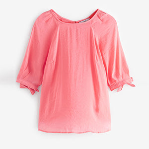 Coral Pink Volume Tie Sleeve Crew Neck Blouse