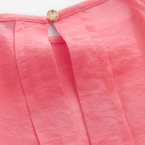 Coral Pink Volume Tie Sleeve Crew Neck Blouse