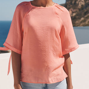 Coral Pink Volume Tie Sleeve Crew Neck Blouse