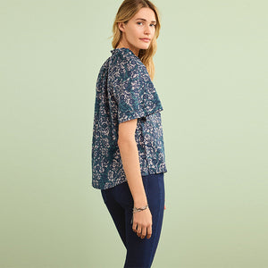 Blue Floral Textured Cotton Short Sleeve Tie Neck Blouse