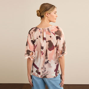 Neutral/Blush Volume Tie Sleeve Crew Neck Blouse