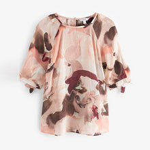 Load image into Gallery viewer, Neutral/Blush Volume Tie Sleeve Crew Neck Blouse
