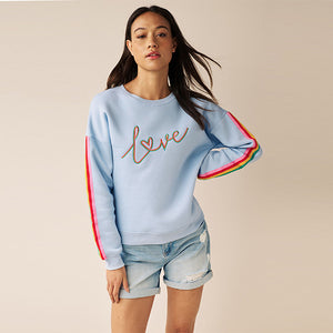 Blue Love Rainbow Sleeve Detail Graphic Sweatshirt