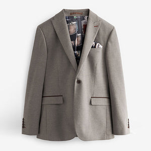Taupe Natural Trimmed Herringbone Suit Jacket