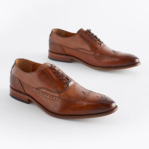 Dark Tan Brown Leather Oxford Wing Cap Brogue Shoes