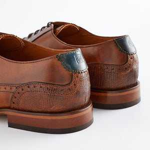 Dark Tan Brown Leather Oxford Wing Cap Brogue Shoes