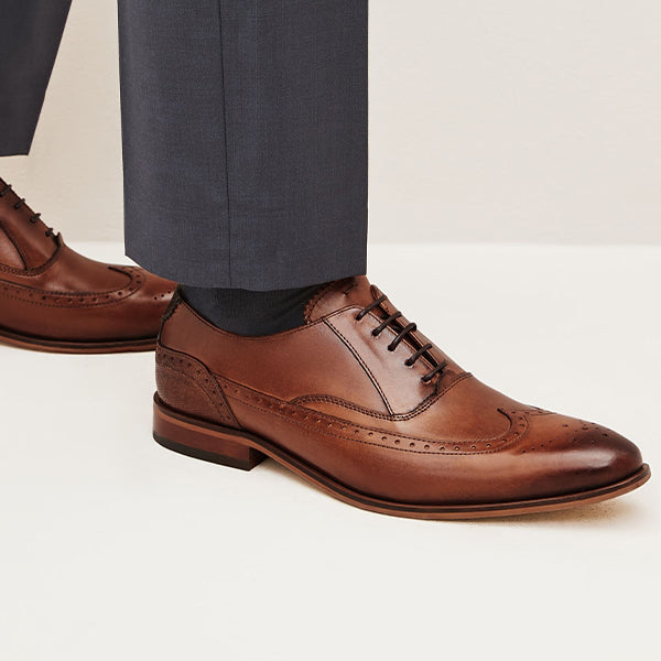 Dark Tan Brown Leather Oxford Wing Cap Brogue Shoes