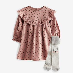 Pink Spot Ruffle Dress And Tights Set (3mths-6yrs)