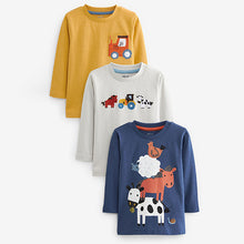 Load image into Gallery viewer, Blue/Ochre Yellow Farm Animals Long Sleeve Character T-Shirts 3 Pack (3mths-6yrs)
