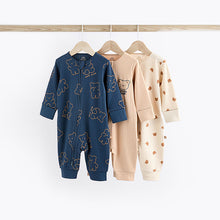 Load image into Gallery viewer, Navy/Tan Bear Baby Footless Zipped 100% Cotton Sleepsuits 3 Pack (0mths-2yrs)
