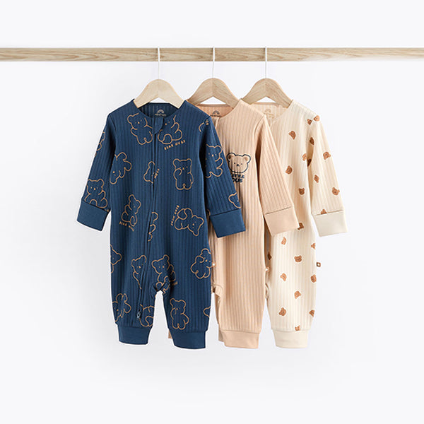 Navy/Tan Bear Baby Footless Zipped 100% Cotton Sleepsuits 3 Pack (0mths-2yrs)