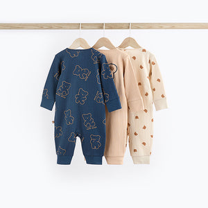 Navy/Tan Bear Baby Footless Zipped 100% Cotton Sleepsuits 3 Pack (0mths-2yrs)