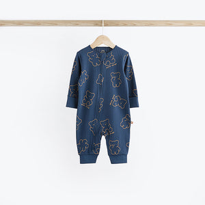 Navy/Tan Bear Baby Footless Zipped 100% Cotton Sleepsuits 3 Pack (0mths-2yrs)
