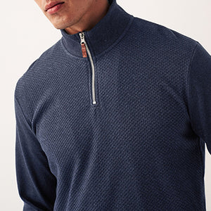 Navy Textured Long Sleeve Zip Neck Jumper