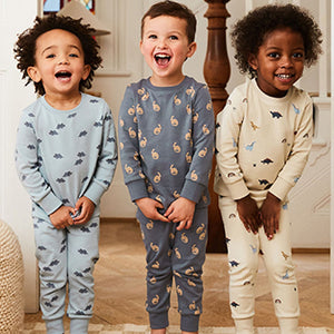 Blue Dinosaur Print 100% Cotton Long Sleeve 3 Pack Pyjamas Set (9mths-6yrs)