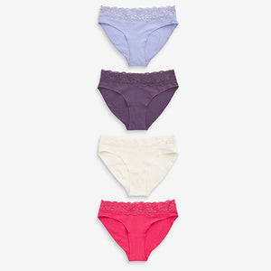 Pink/Purple/Cream High Leg Cotton and Lace Knickers 4 Pack