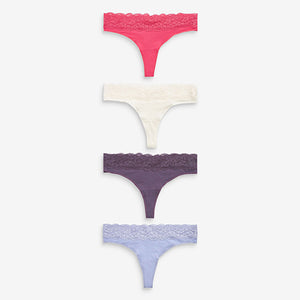 Pink/Purple/Cream Thong Cotton and Lace Knickers 4 Pack