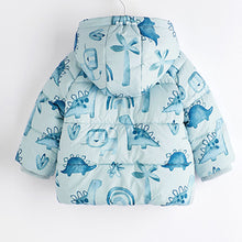 Load image into Gallery viewer, Blue Dinosaur Hooded Baby Puffer Jacket (0mths-18mths)
