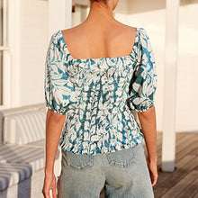 Load image into Gallery viewer, Teal Blue Leaf Print Puff Sleeve Square Neck Off Shoulder Summer Top
