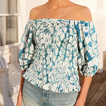 Load image into Gallery viewer, Teal Blue Leaf Print Puff Sleeve Square Neck Off Shoulder Summer Top
