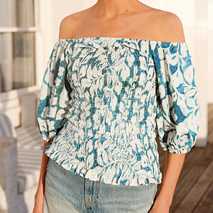 Teal Blue Leaf Print Puff Sleeve Square Neck Off Shoulder Summer Top