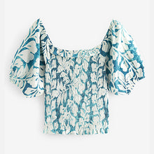 Load image into Gallery viewer, Teal Blue Leaf Print Puff Sleeve Square Neck Off Shoulder Summer Top
