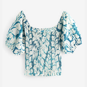 Teal Blue Leaf Print Puff Sleeve Square Neck Off Shoulder Summer Top