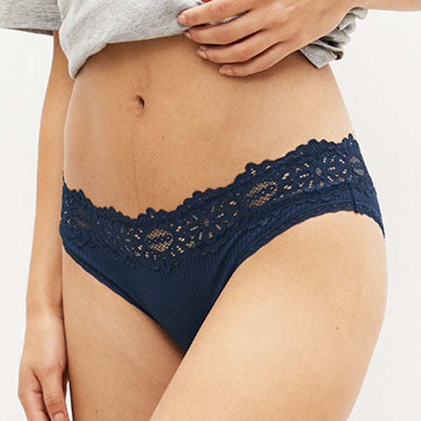 Navy Blue Brazilian Lace Top Rib Knickers