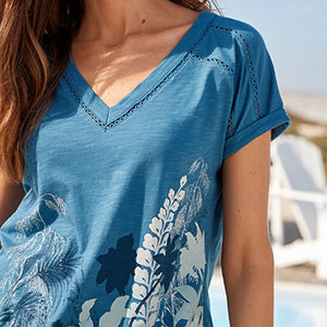 Blue Palm Placement Print V-Neck Cotton Bubble Hem Top