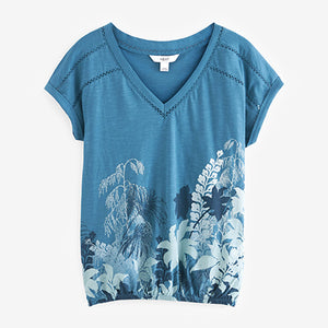 Blue Palm Placement Print V-Neck Cotton Bubble Hem Top