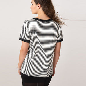 Black/White Raw Edge Crew Neck Short Sleeve T-Shirt