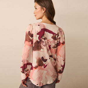 Pink Smudge Long Sleeve Crew Neck Cuff Blouse